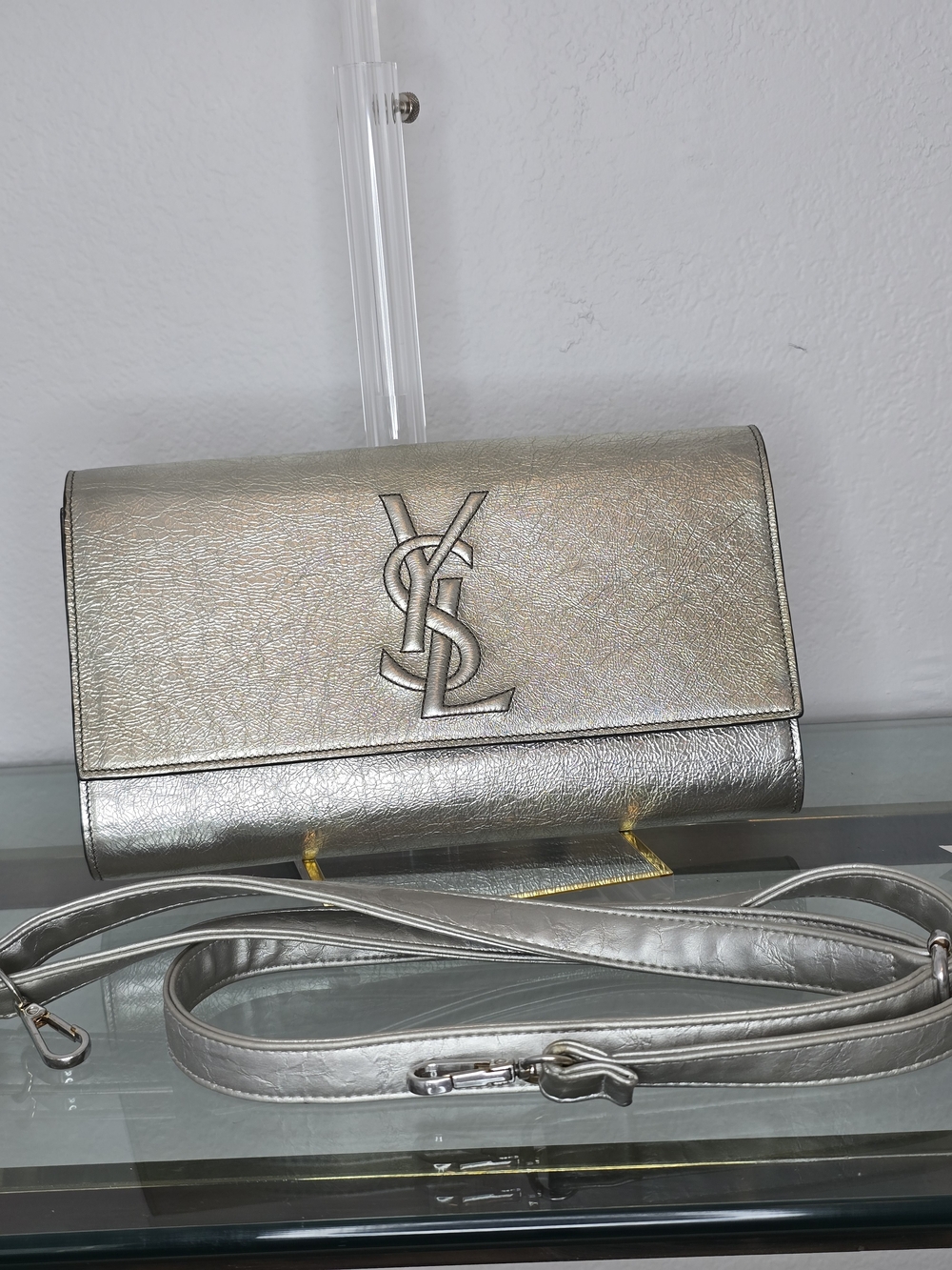Saint Laurent Metallic Silver Leather Envelope Clutch Or Crossbody